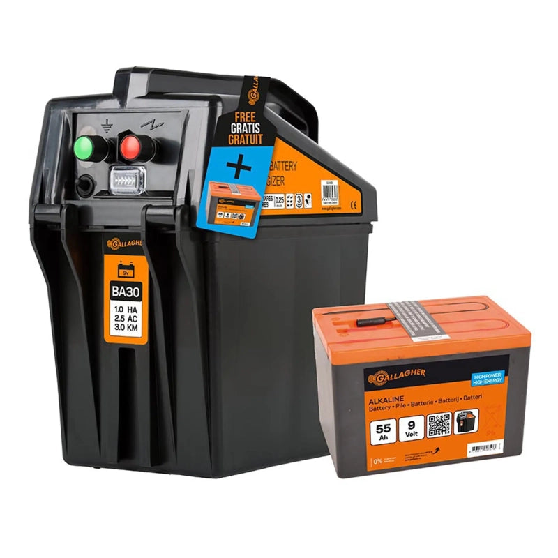 Gallagher BA30 9V battery energiser (0.25J - 9V/12V) with free 55Ah battery